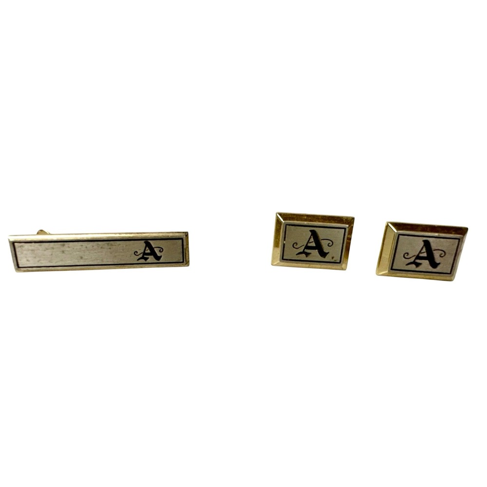 Vintage Hickok USA Monogram Letter A Cufflinks and Tie Bar Set Gold Silver Tone